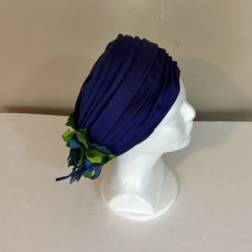 Vintage Royal Blue Satin Christine Original Hat with Leaves Accent